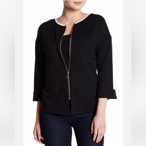 NWT Joan Vass 3/4 Sleeve Zip Front Jacket Black with White Size Small - Picture 1 of 12